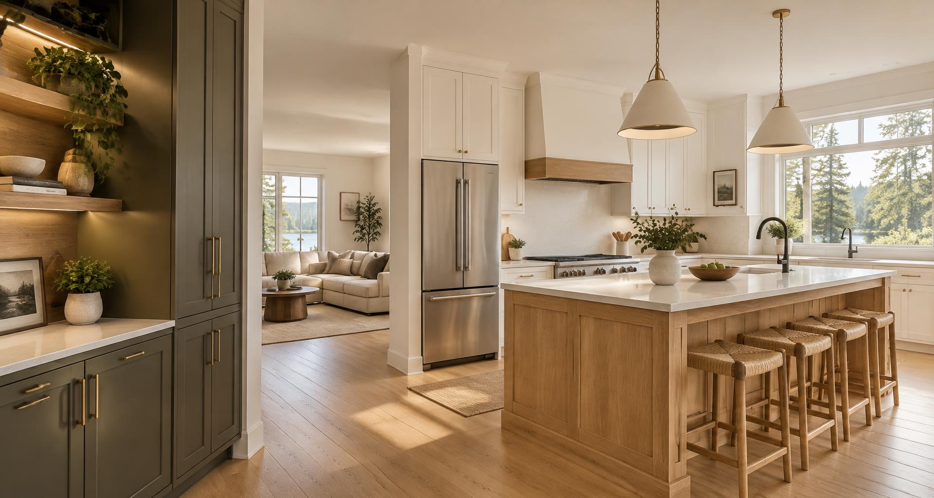 Renovation inspiration: bright kitchen with an oak island and quartz countertops